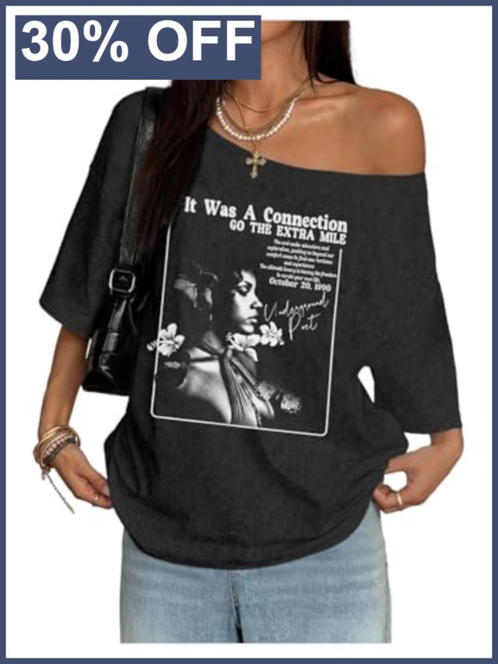 Women's Plus Size Off Shoulder Graphic Tee - Soft Stretch Casual Top